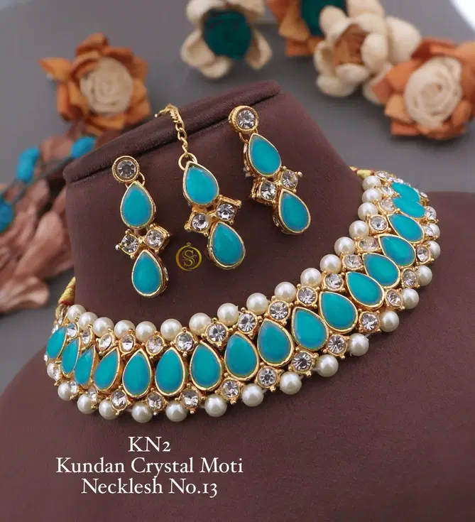 KN 12 designer Kundan Crystal Moti Necklace Set Wholesale Price In Surat
